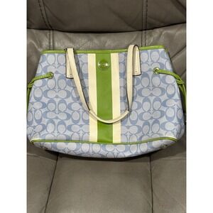 Coach Signature Monogram Tote Bag Blue Green White Leather Trim‎ 15" by 11"